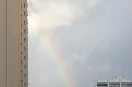 「いちばん好きな天気はなんですか？」 と聞かれて。晴れ、くもり、雨、雪のなかで 即答で雨と答えるひとは少ないんじゃなかろうか。 天気予報で雨の予報になると、 「えー、雨！？」と言われてしまい、 なんだかワルモノ扱いされがちである。 人間に大きな恵をもたらしてくれているのにねえ、 どんまい、雨さん。 そんな雨のおかげで生まれることがある。 それは、７色の虹だ。 いや、２色、３色、４色、５色、６色と 国によって見えている色の数は異なり、 アフリカのアル部族にとっては８色の、あの虹だ。 ぼくは、子どもの頃から、虹を見るとうれしくなる。 虹は、ワルモノ扱いされがちな雨の水滴が、 屈折、反射することによってできる。 英語だとそれがもっとわかりやすくて、 「RAIN」＋「BOW」＝「RAINBOW」と、 虹というコトバに、雨というコトバが入っている。 これは、雨をワルモノにしない、いいネーミングだなあ。 Googleで調べると「BOW」は弓という意味で、 「RAINBOW」は、雨弓ということのようです。 「BOW」には、他にお辞儀をするという意味がある。 英語に見習って、虹というコトバを思い切って 「雨のお辞儀」と変えてみたらどうだろうか。 「あっ、雨のお辞儀が出てるよ！」 言ってはみたものの、とても言いにくい。 雨が「どうも、雨です。おじゃましました」なんて 言いながらお辞儀していることを想像すると、 雨のことがすこし好きになるんじゃなかろうか。 それでは、今日も、明日も、明後日も、いい１日を。 雨さん、ありがとう。 [alert]感想を送る[/alert]